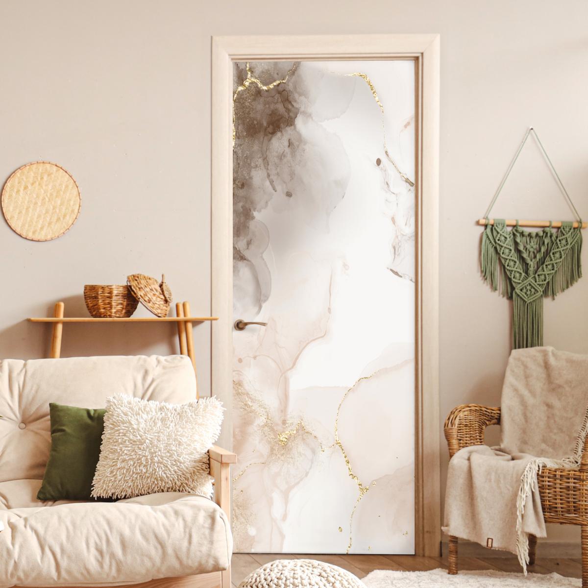 TÜRAUFKLEBER Marmor - Braun - Linie 90x235 cm - Türtapete - Champagner, Kunststoff (90/0.1cm) - MuchoWow