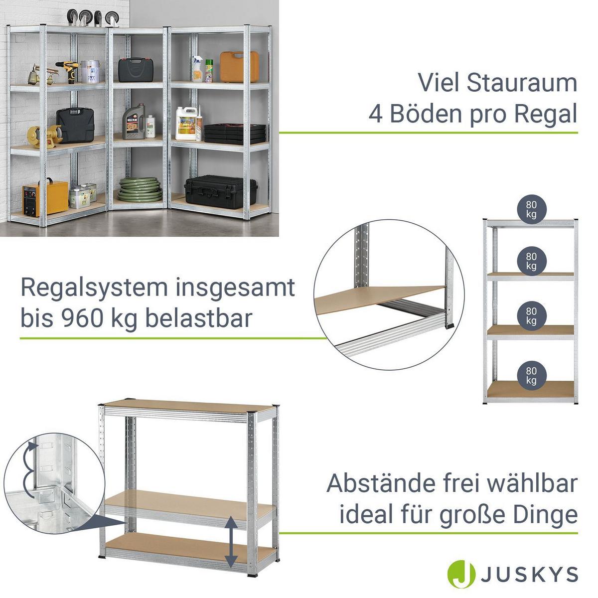 REGALSYSTEM Easy silber insgesamt 12 Böden (3er-Set) - Silberfarben, Metall (155/160/155cm) - Juskys