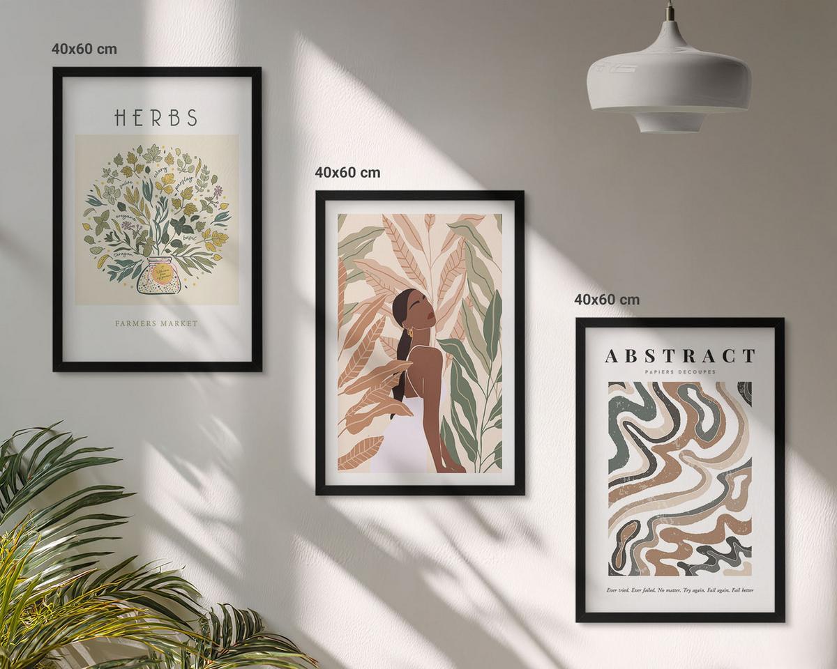 BILDER SET 3er Set - 40x60 cm Schwarzer Rahmen - Boho-Pastell-Minimalisten-Poster - Schwarz, Kunststoff (40/60cm) - TULUP