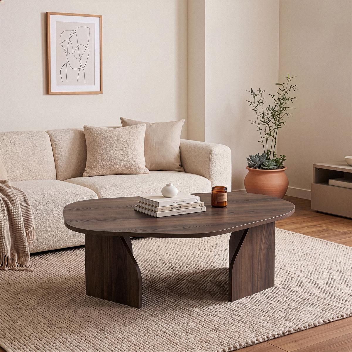 COUCHTISCH mit organisch geformter Tischplatte und breiten Beinen 100/60/35 cm - Naturfarben, Holzwerkstoff (100/60/35cm) - Calicosy
