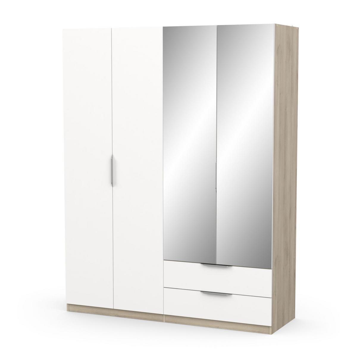 KLEIDERSCHRANK mit 4 Türen, 2 Schubladen und 2 Spiegeln Ghost - L157,3 cm - Weiß/Sonoma Eiche, Holzwerkstoff (51.1/203/204.5cm) - Demeyere
