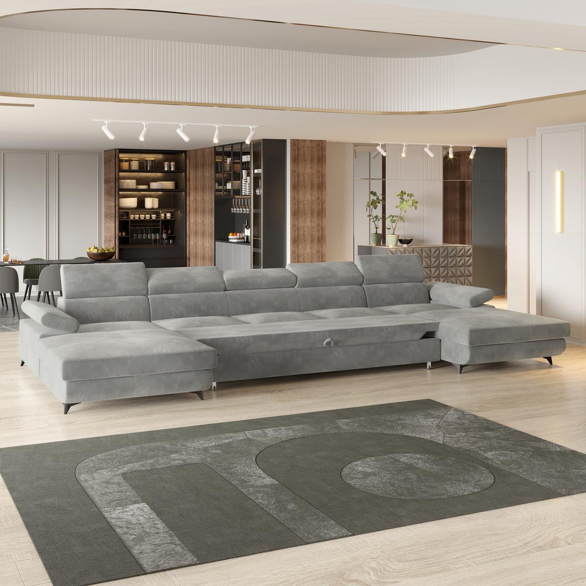 WOHNLANDSCHAFT VIVENTE Hellgrau Velours-Stoff mit Schlaffunktion - Hellgrau, Holz (410/89/190cm) - MASSENO