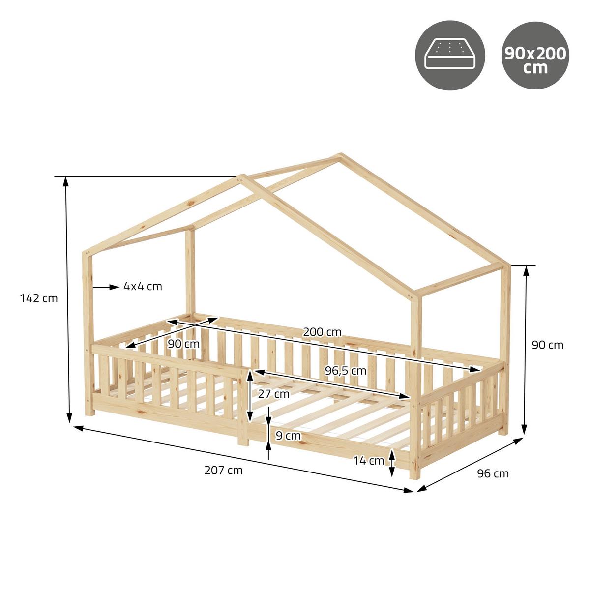 HAUSBETT 90x200 cm Natur aus Kiefernholz mit Rausfallschutz - Beige, Holz (90/200cm) - ML-DESIGN