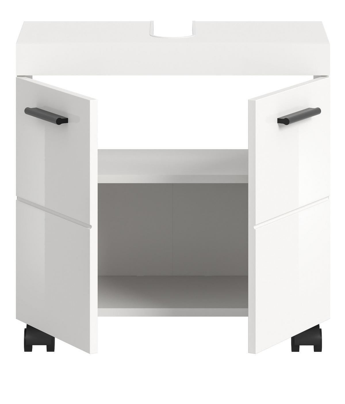 WASCHBECKENUNTERSCHRANK weiß Hochglanz 60 cm, Badezimmer Unterschrank auf Rollen - Weiß Hochglanz/Schwarz, Holzwerkstoff/Kunststoff (60/58/30cm) - Inn.Furn