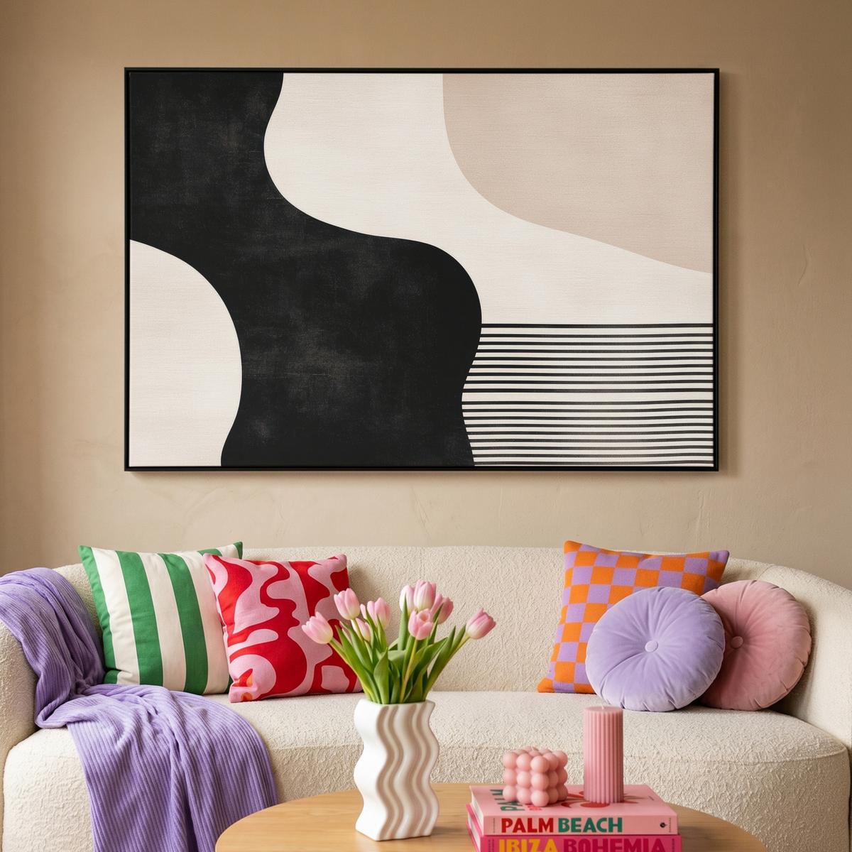 LEINWAND Bilder mit Rahmen - Abstrakt - Japandi - Beige - Modern - 140x90 - Schwarz, Textil (140/90cm) - MuchoWow