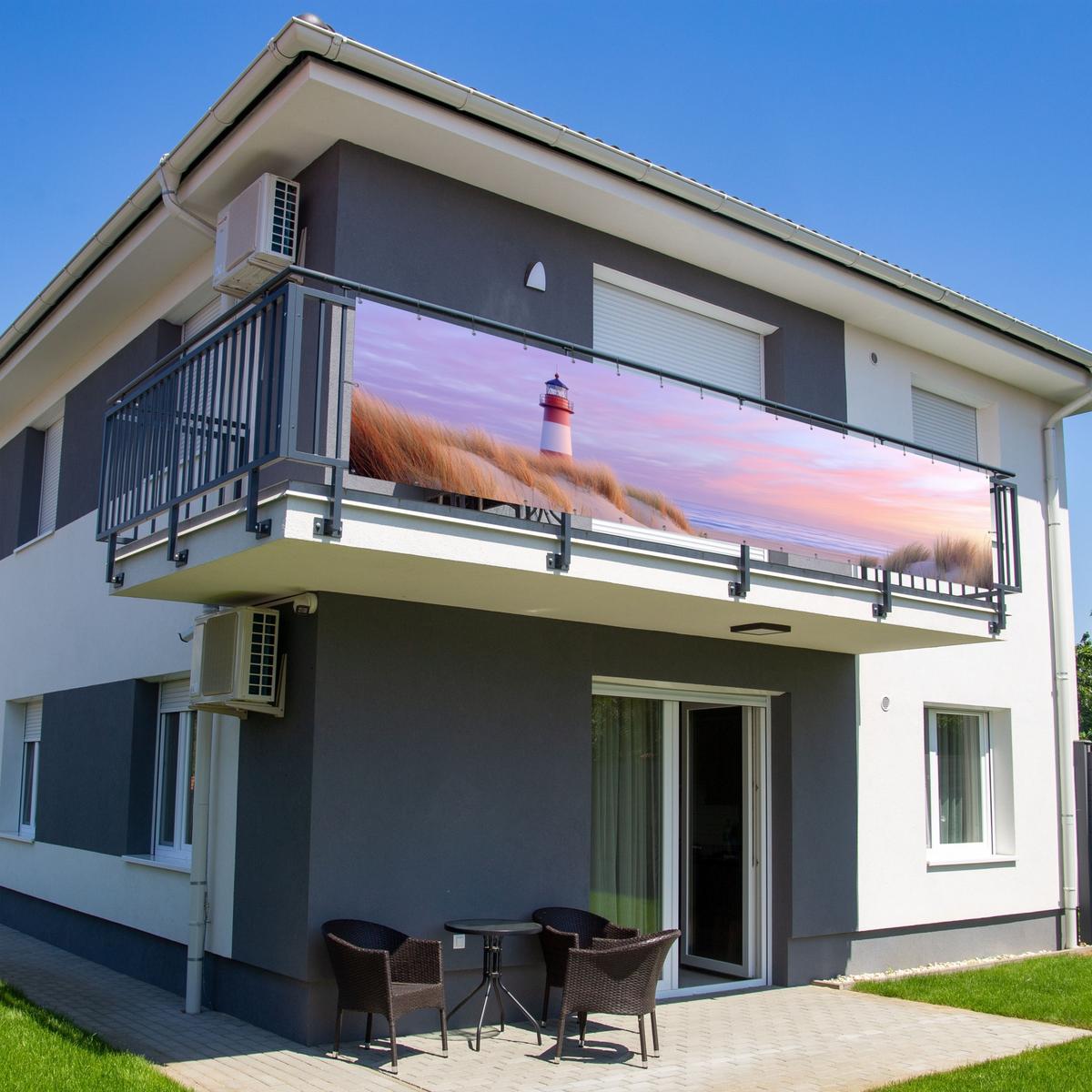BALKON-SICHTSCHUTZ Leuchtturm - Dünen - Sonnenuntergang Deko XXL 500x110 cm - Hellrosa, Kunststoff (500/110cm) - MuchoWow