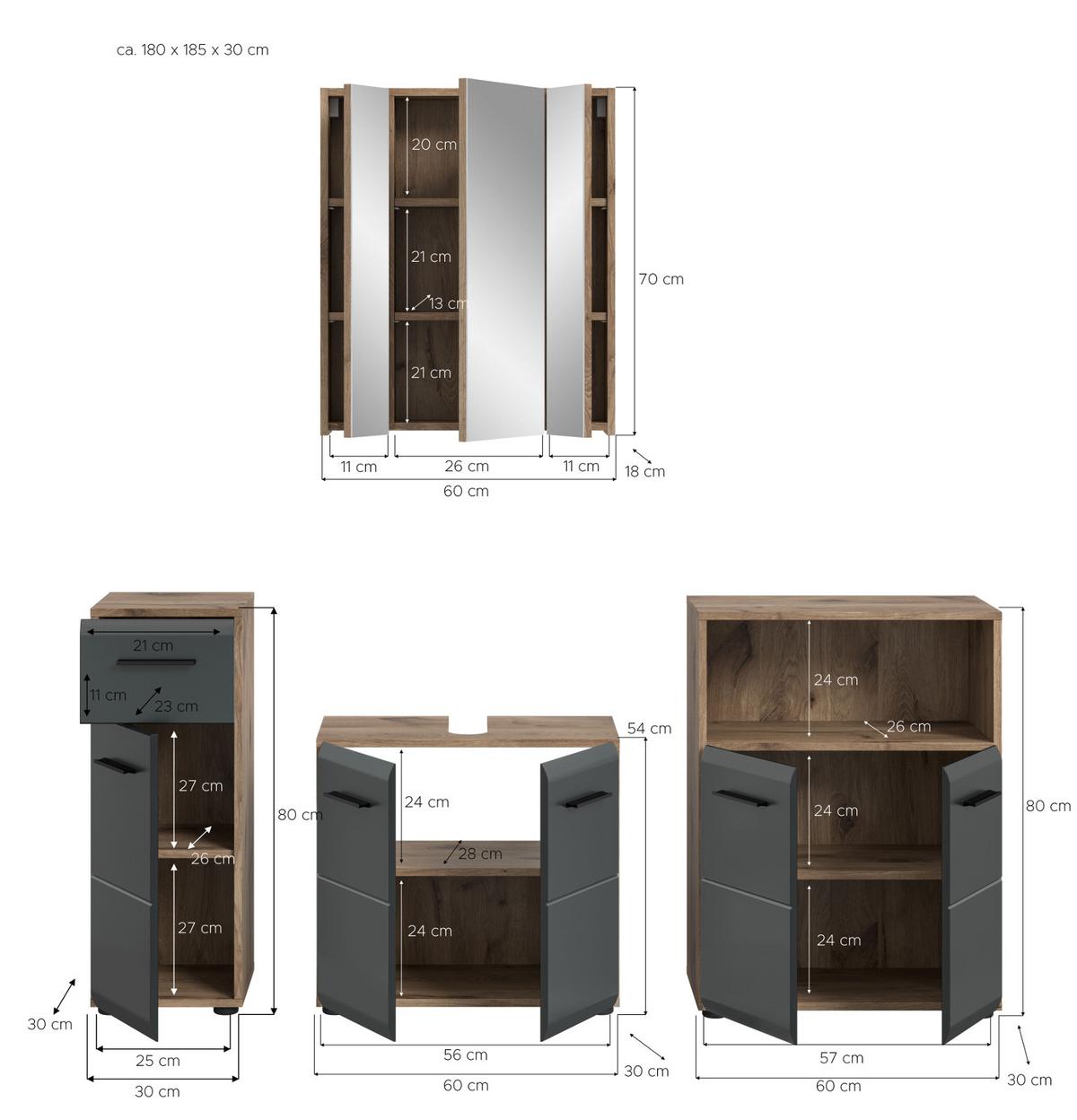 BADMÖBEL-SET 4-teilig schwarz matt, Eiche Nox, Badezimmer mit viel Stauraum, 180 x 185 cm - Eichefarben/Schwarz, Glas/Holzwerkstoff (180/185/30cm) - Inn.Furn