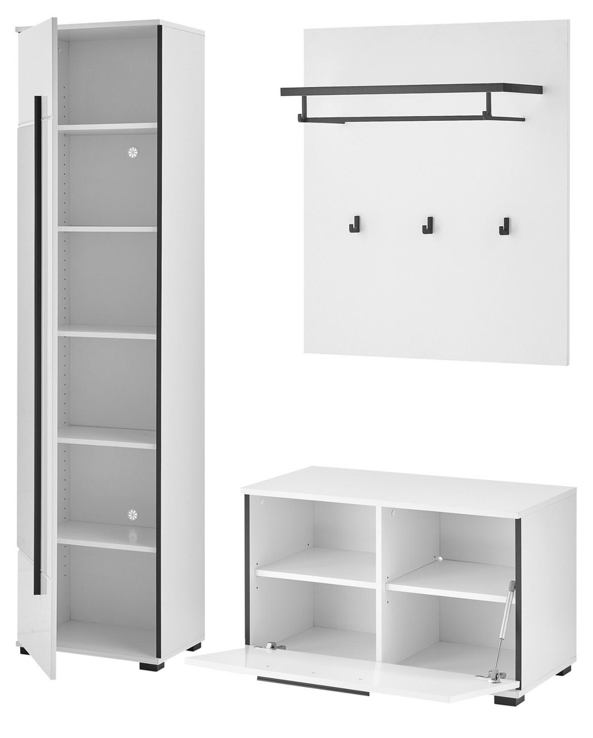 GARDEROBEN-SET weiß Hochglanz 4-teilig 140 cm, Flurgarderobe mit Spiegel - Dunkelgrau/Weiß Hochglanz, Glas/Holzwerkstoff (140/200/40cm) - Furn.Design