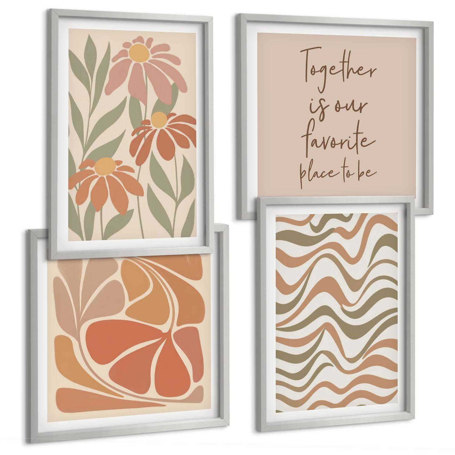 BILDER SET 4er Set - 50x50 cm & 40x60 cm Silberner Rahmen - Abstrakte Pastellblumen - Silberfarben, Kunststoff (50/50cm) - TULUP