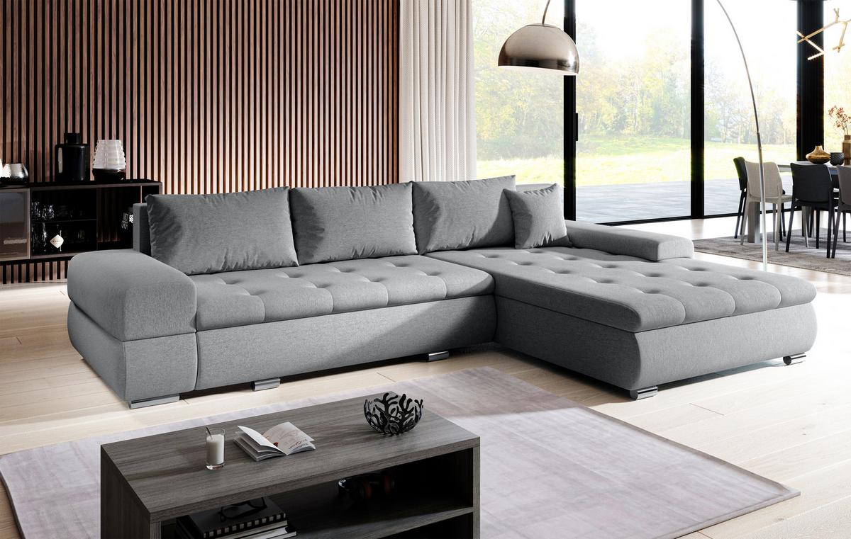 ECKSOFA L Form Sivaso Grau 310/210/85 cm – mit Schlaffunktion und Bettkasten - Silberfarben/Grau, Textil/Metall (310/210cm) - AX Living