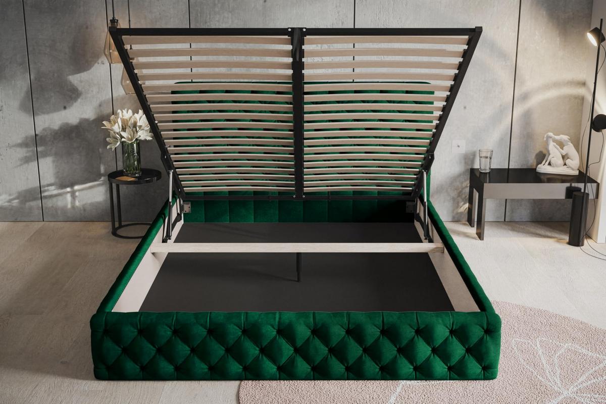 BETT 140x200 - Polsterbett mit Bettkasten und Metallrahmen - Elegant Betten - Glatter Kronos-Stoff - Kollektion Miami, Grün - Grün, Holz/Textil (140/200cm) - Alpi-Möbel