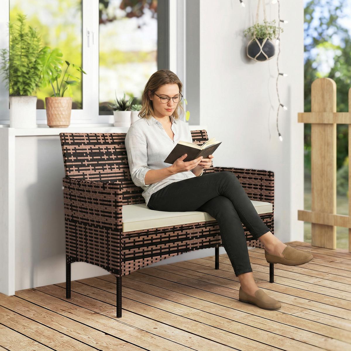 GARTENBANK aus PE-Rattan mit Auflage, Khaki - Beige/Braun, Textil/Metall (63/85/115cm) - Outsunny