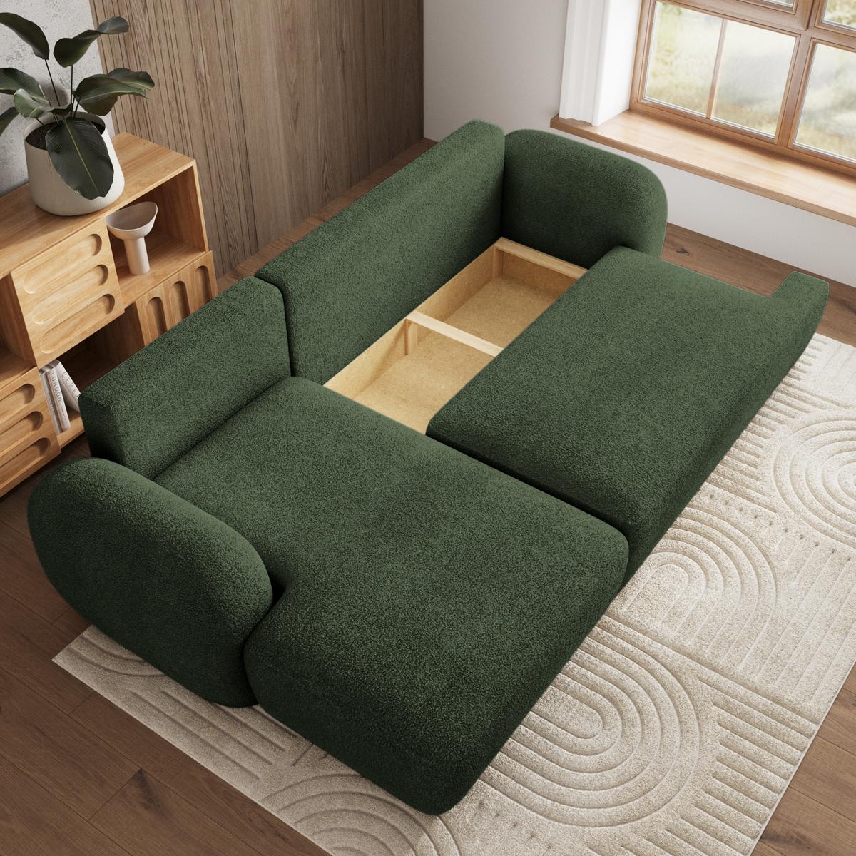 ECKSOFA MODENZA N L-S Grün Boucle-Stoff mit Schlaffunktion - Schwarz/Grün, Holz/Kunststoff (266/148cm) - MASSENO