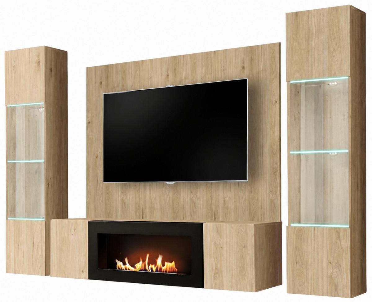 WOHNWAND Eiche Jackson 4-teilig 260 cm hängend, Anbauwand mit Ethanol Kamin - Eichefarben, Glas/Holzwerkstoff (260/170/40cm) - Inn.Furn