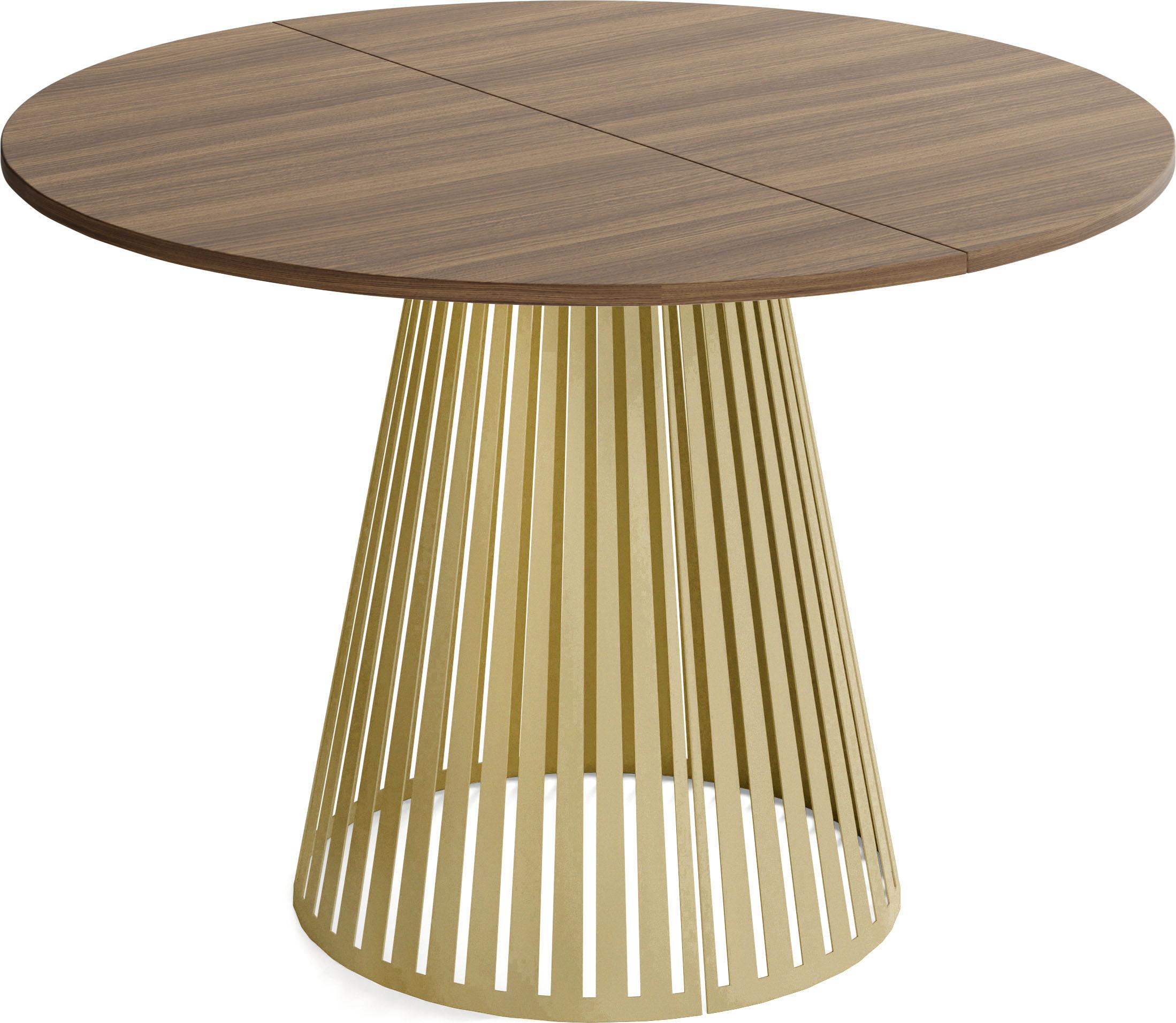 ESSTISCH Naro rund ausziehbar mit Goldenem Lamellen-Metallgestell, Walnuss Braun 120-200/120/76 cm - Goldfarben/Walnussfarben, Holzwerkstoff/Metall (120/196/76cm) - WFL GROUP
