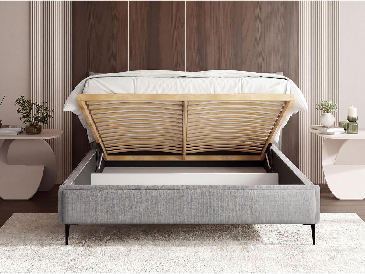 POLSTERBETT Pillow Rise mit Bettkasten, Lattenrost & hohen Metallfüßen in Grau Chenille 200x200 cm - Birkefarben/Schwarz, Holz/Holzwerkstoff (200/200cm) - WFL GROUP