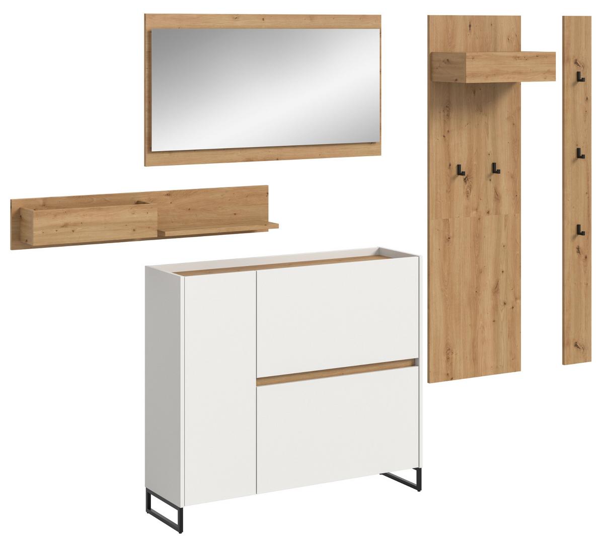 GARDEROBE-SET weiß und Artisan Eiche, Garderobe 5-teilig, 236 x 192 cm, Soft-Close, Borga - Schwarz/Weiß, Holzwerkstoff/Metall (236/192/32cm) - Inn.Furn