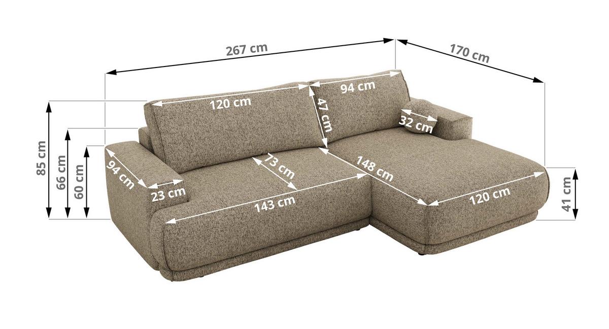 ECKSCHLAFSOFA RINA L Dunkelbeige Strukture - rechts - Beige/Schwarz, Kunststoff/Textil (170/267cm) - MKS