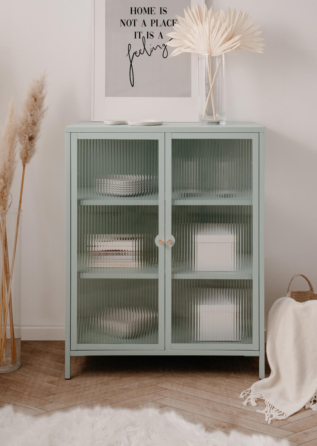 KOMMODE Metall mintgrün 80 cm, Vitrine mit stabilem Metallgestell - Goldfarben/Mintgrün, Glas/Metall (80/101.5/40cm) - Furn.Design