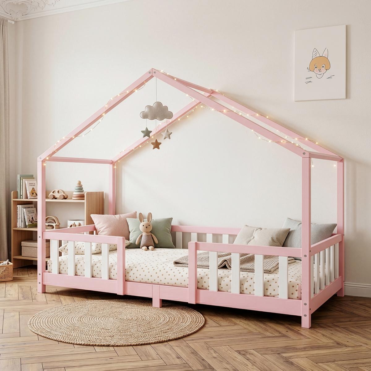 HAUSBETT Treviolo - Hellrosa/Weiß, Holz (90/200cm) - [en.casa]