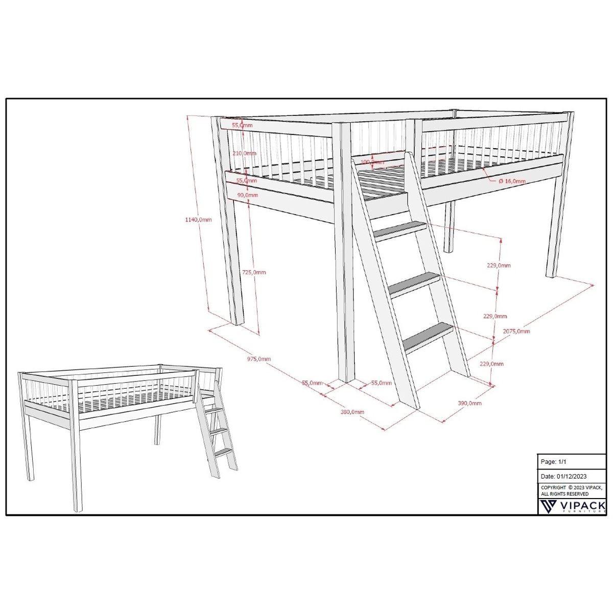 HALBHOHES BETT Kelci 90x200 Textilset Fire Rescue Buche Massivholz - Buchefarben, Holz (90/200cm) - 58aufmkessel