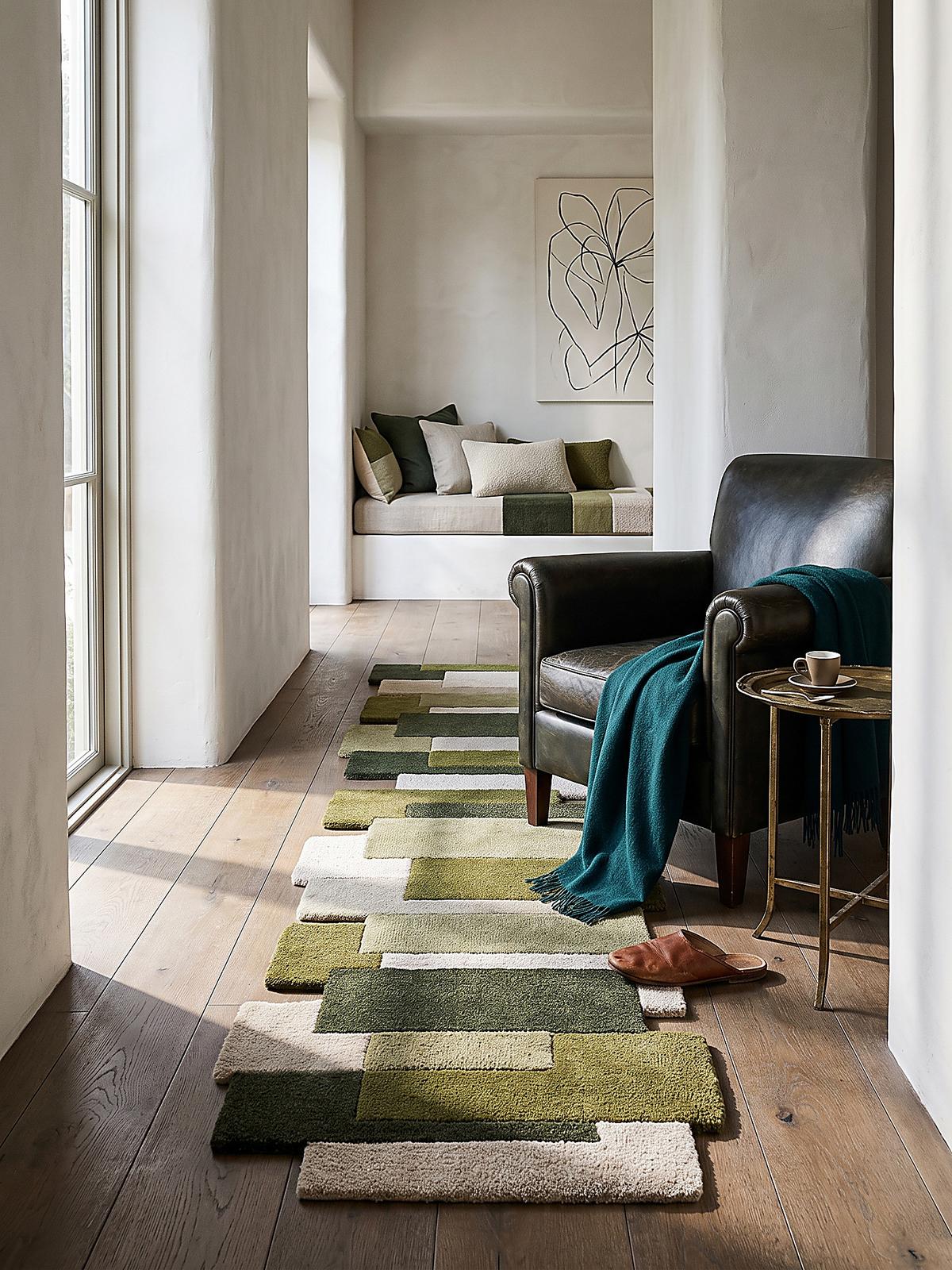 TEPPICHLÄUFER handgetuftet HALLEIN, Farbblöcke, Erdtöne-Grün, 66 x 300 cm - Grün, Textil (66/300cm) - KADIMA DESIGN