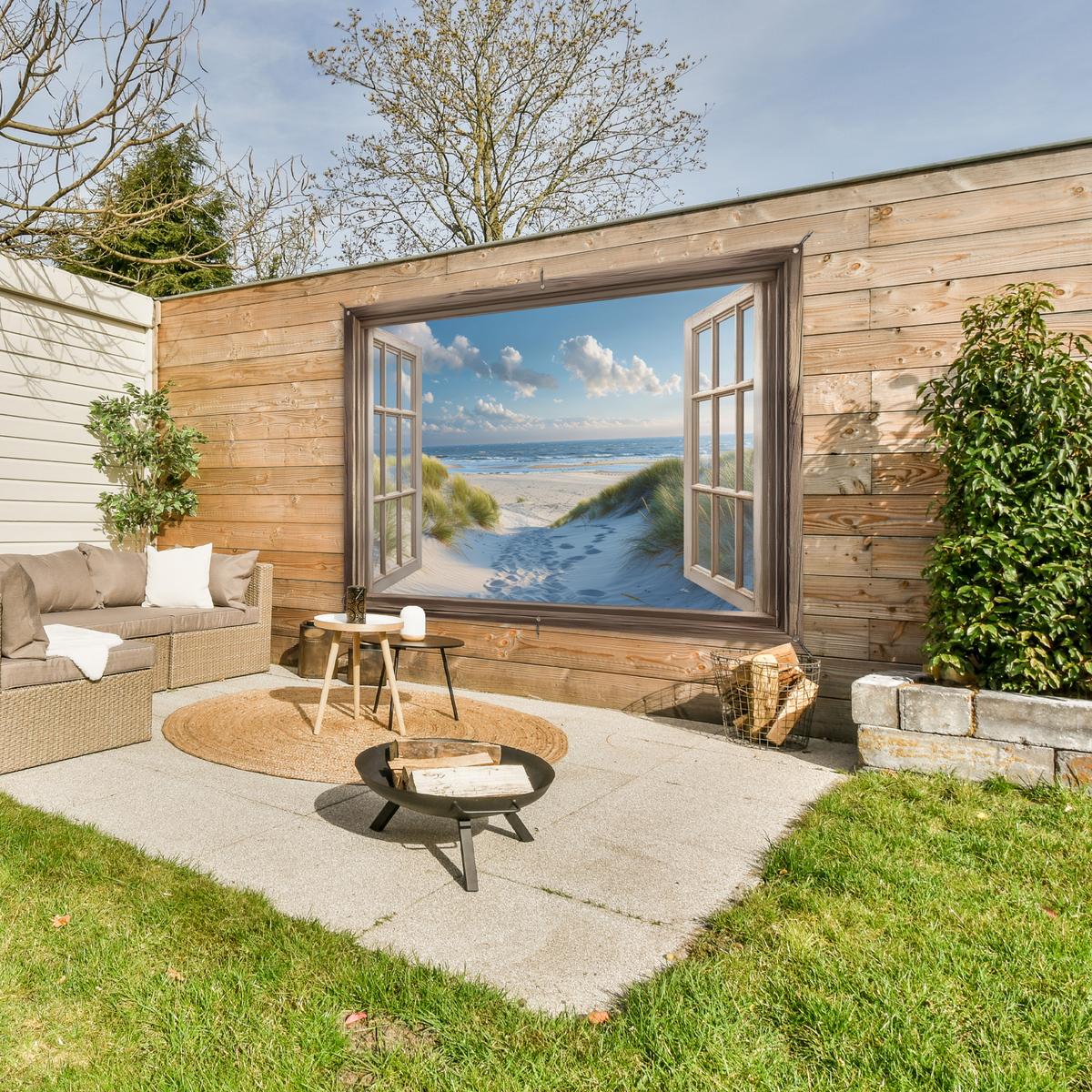 GARTENPOSTER Aussicht - Strand - Fenster - Dünen - Meer Poster für draußen 180x120 cm - Hellblau, Kunststoff (180/120/0.2cm) - OnlyWow