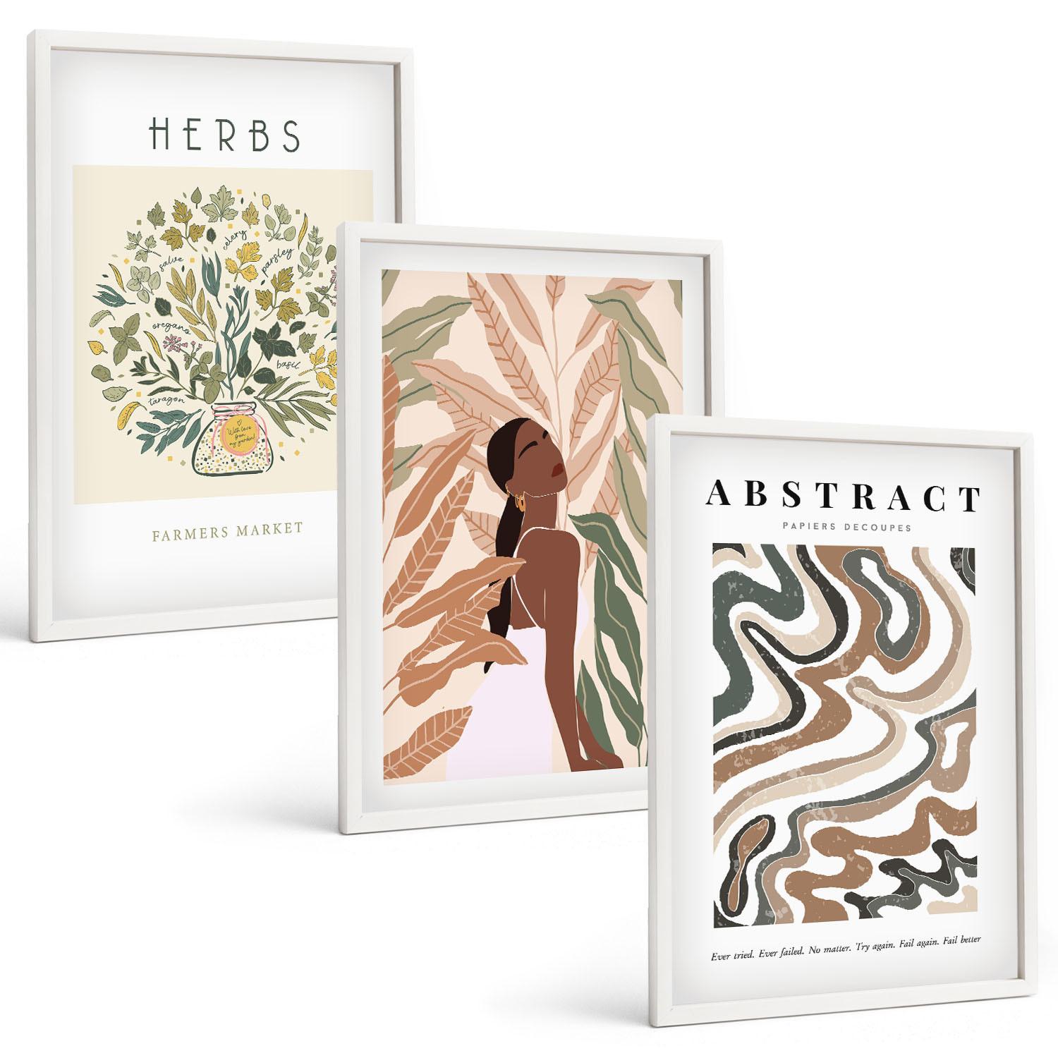 BILDER SET 3er Set - 40x60 cm Weißer Rahmen - Boho-Pastell-Minimalisten-Poster - Weiß, Kunststoff (40/60cm) - TULUP