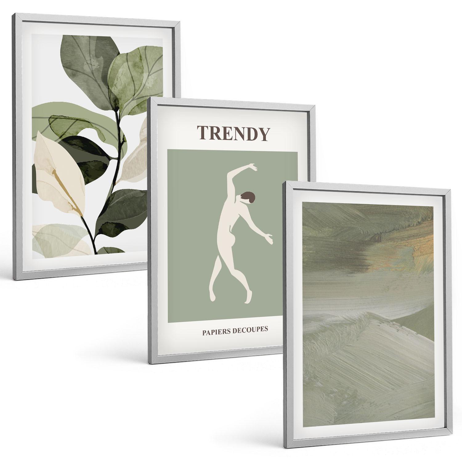 BILDER SET 3er Set - 40x60 cm Silberner Rahmen - Abstrakte Pflanzensilhouettenmuster - Silberfarben, Kunststoff (40/60cm) - TULUP