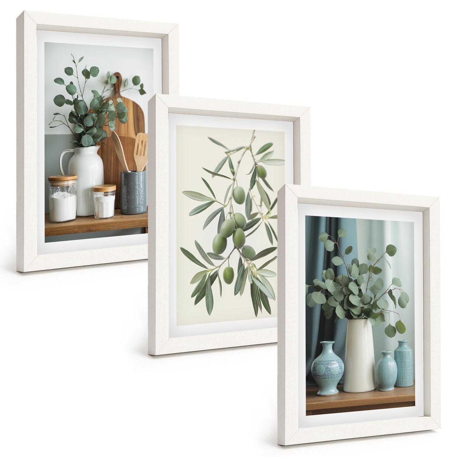 BILDER SET 3er Set - 20x30 cm Weißer Rahmen - Grüne Oliven, Eukalyptus - Weiß, Kunststoff (20/30cm) - TULUP