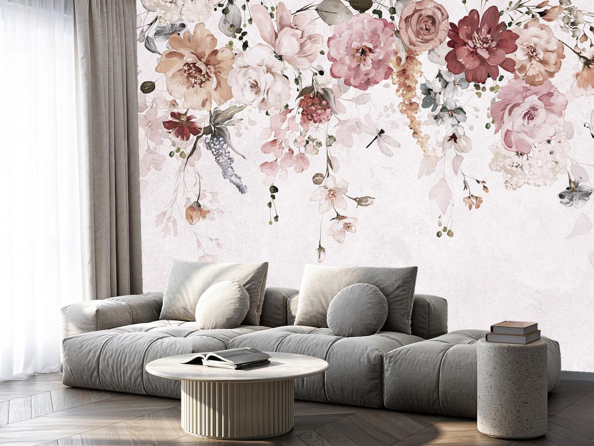 FOTOTAPETE für Schlafzimmer Aquarell Bunte Blumen Ranken Blätter 450x315 - Rot/Rosa, Papier (450/315cm) - Muralo