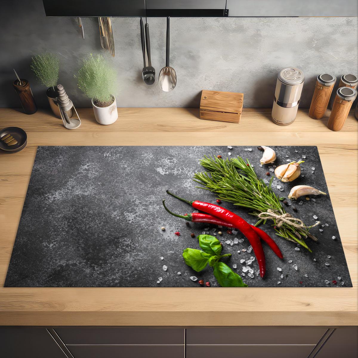 HERDABDECKPLATTE Pfeffer - Kräuter - Gewürze - Beton Induktionsschutz 91.6x52.7 cm - Rot, Kunststoff (91.6/52.7/0.2cm) - MuchoWow