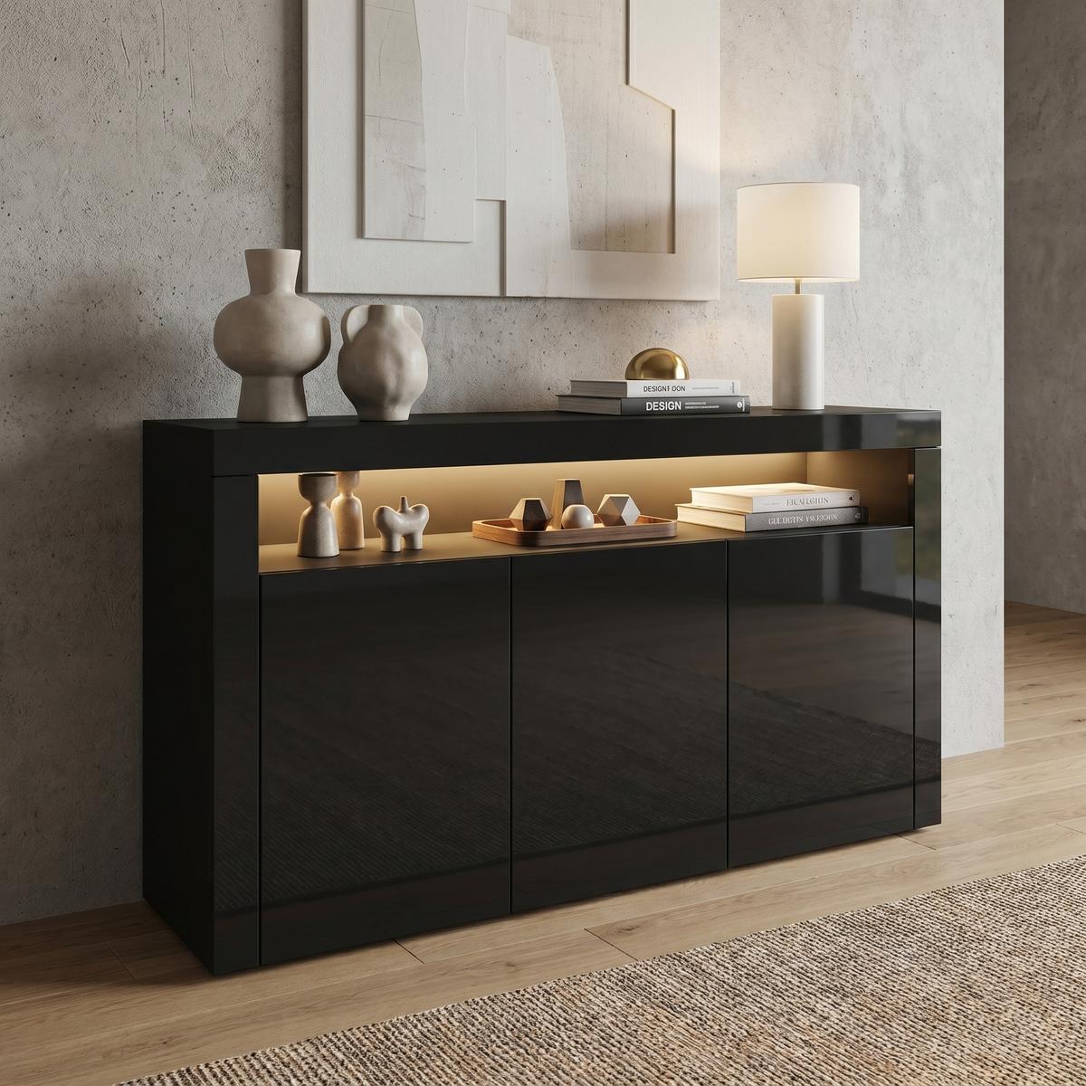 SIDEBOARD Valencia Schwarz Hochglanz / Schwarz Hochglanz - Schwarz Hochglanz, Holzwerkstoff (155/92/40cm) - Vladon