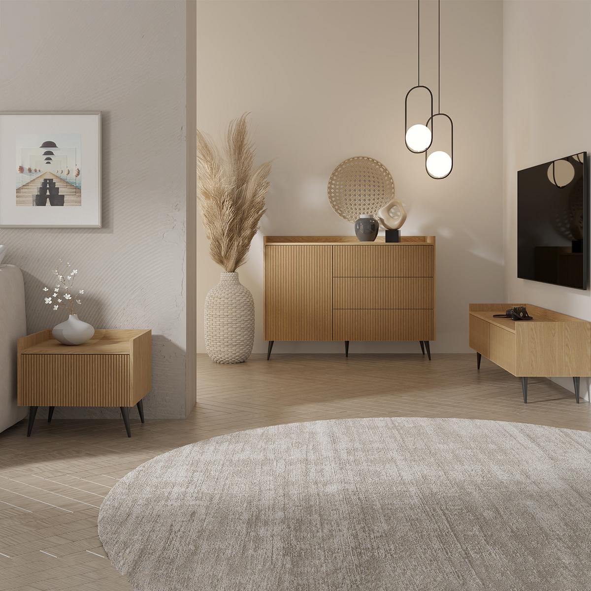 LOWBOARD Amfali mit 2 Klapptüren, geriffelte Fronten, Push-to-open, Metallbeine, 120 cm, Frühlings-Eiche - Eichefarben/Schwarz, Holzwerkstoff/Metall (121/45/41cm) - Beautysofa
