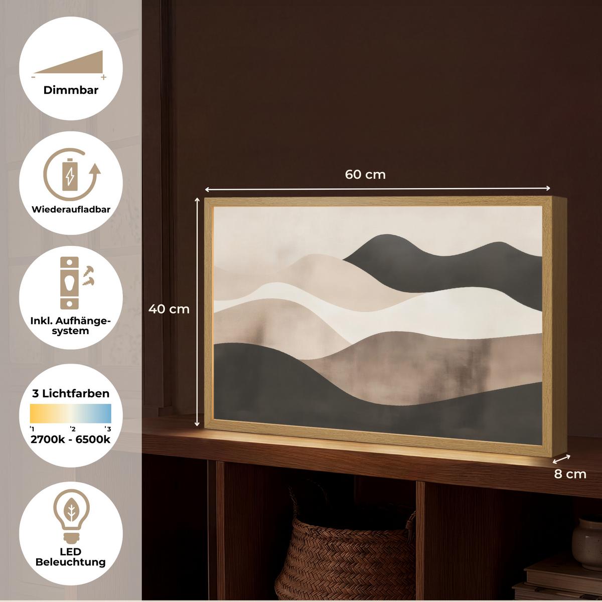 WANDLEUCHTE MIT AKKU Abstrakt - Landschaft - Wellen - Cremefarben 60x40 cm - Graubraun, Holzwerkstoff (60/40/8cm) - OnlyWow
