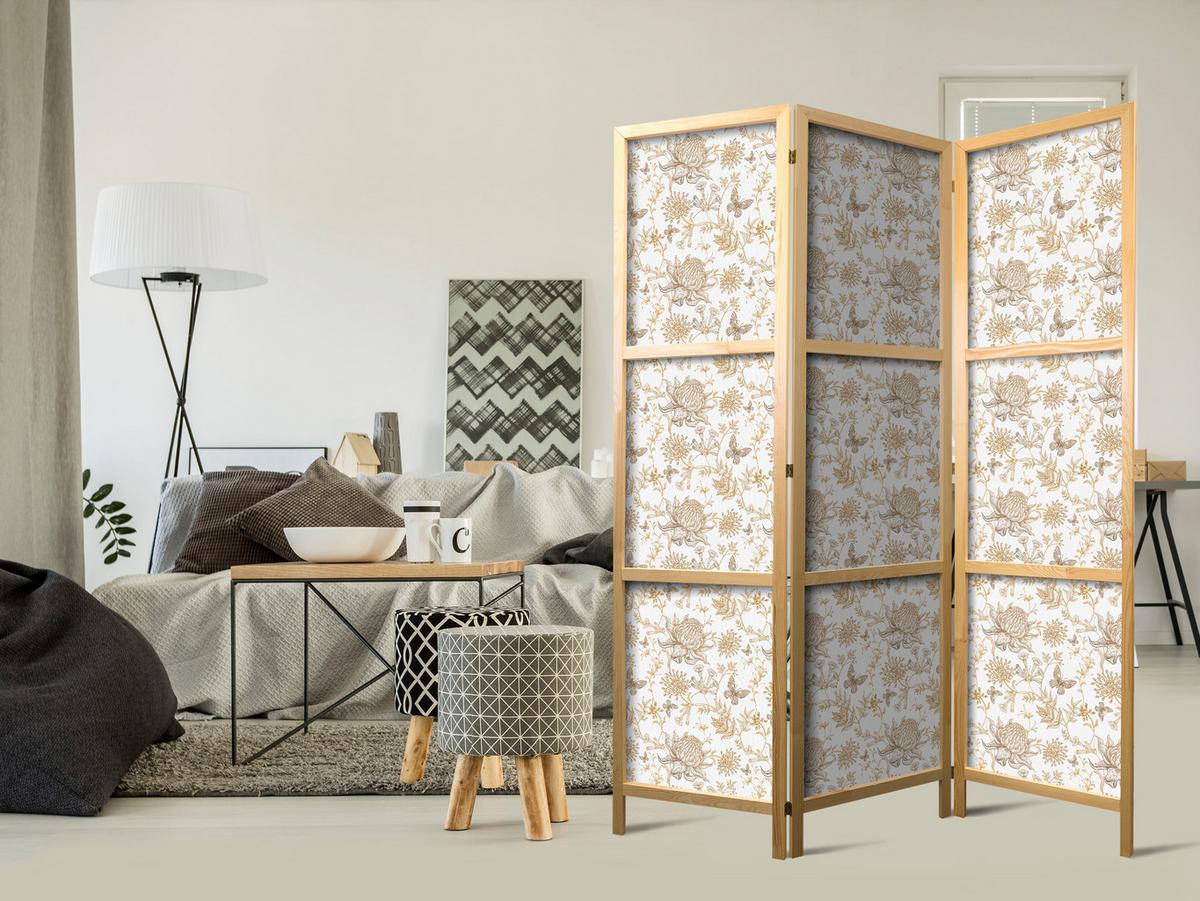 PARAVENT Japanischer 3-tlg 135x172 cm Braune Bl tter - Beige, Holz/Textil (135/172/3cm) - Muralo