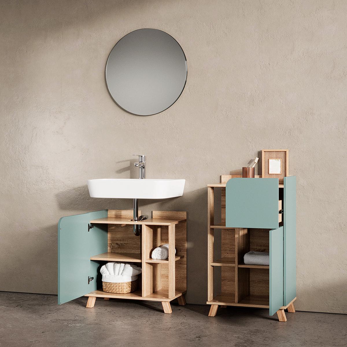 BADMÖBEL-SET Marano Blau-Grau 3 Teile, mit Midischrank - Blaugrau, Holzwerkstoff (35/65/60cm) - Livinity®