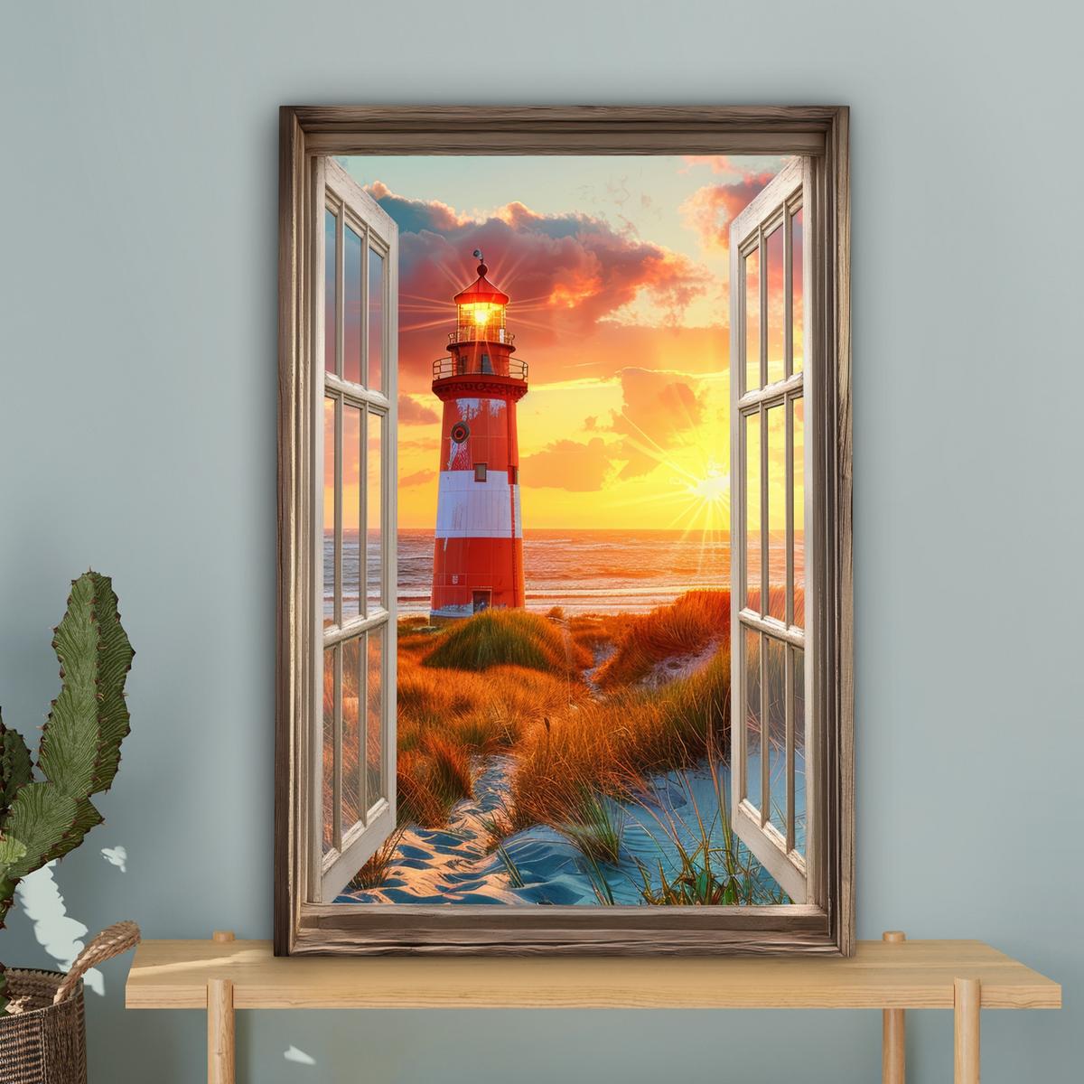 LEINWANDBILD Aussicht - Fenster - Leuchtturm - Sonnenuntergang - Strand Wanddeko 40x60 cm - Dunkelorange, Textil (40/60cm) - MuchoWow