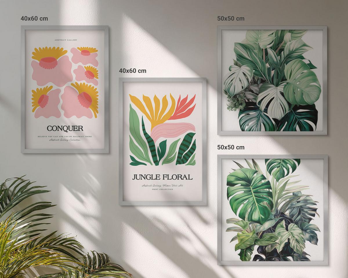 BILDER SET 4er Set - 50x50 cm & 40x60 cm Silberner Rahmen - Blumen und Blätter – moderne Poster - Silberfarben, Kunststoff (50/50cm) - TULUP