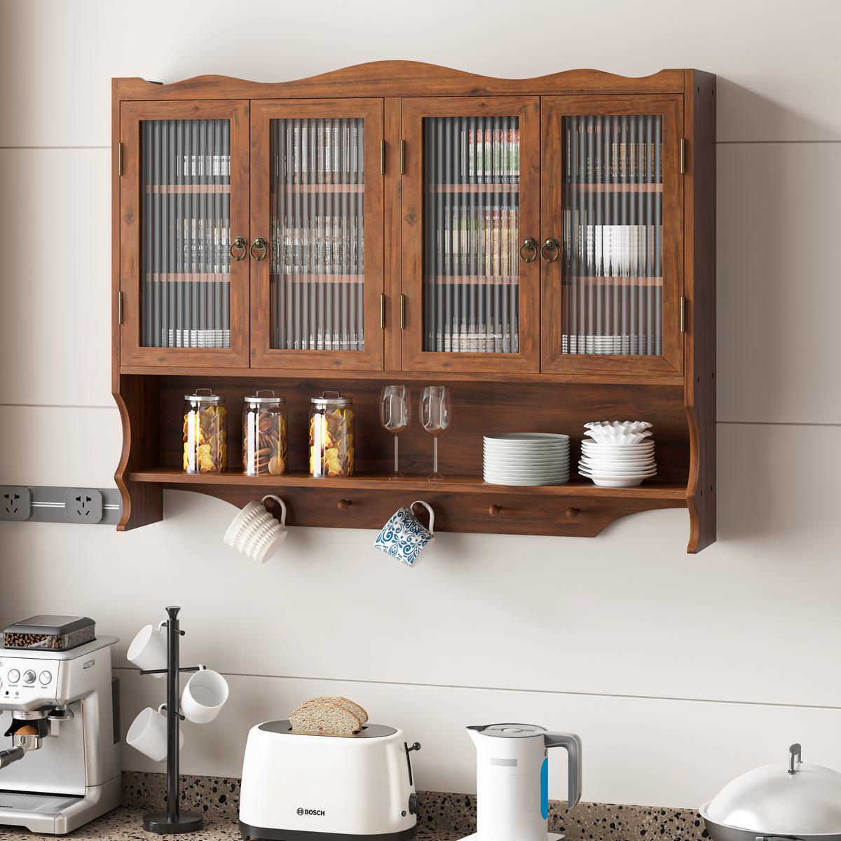 WANDSCHRANK Massivholz Braun 4 Glastüren 3 Ebenen & Hakenleiste 100cm - Braun, Holz/Holzwerkstoff (100/80/20cm) - Urban Meuble