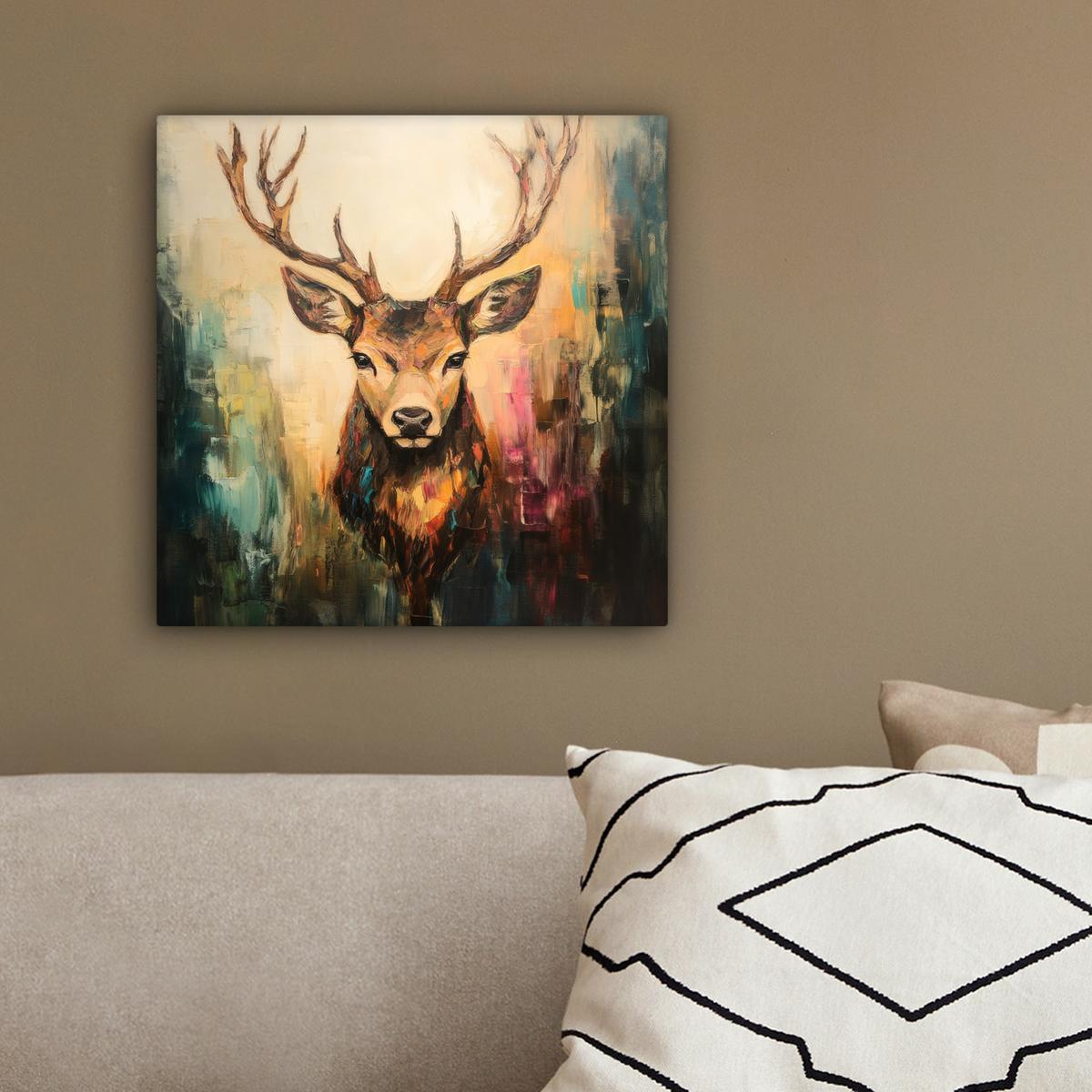 LEINWANDBILD Hirsch - Gemalt - Geweih - Braun Deko Wohnzimmer 20x20 cm - Haselnussfarben, Textil (20/20cm) - MuchoWow