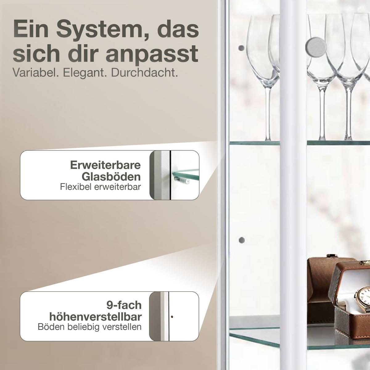 VITRINE 33/67/176 cm mit Spiegel, LED, Schloss & 4 höhenverstellbaren Glasböden - Transparent/Silberfarben, Glas/Holzwerkstoff (67/176/33cm) - K-Möbel