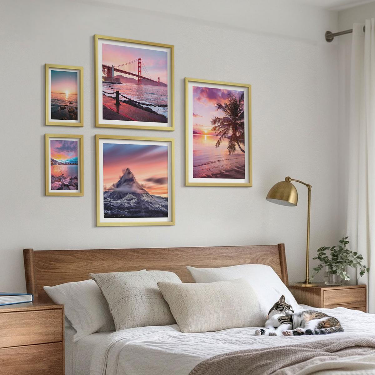 BILDER SET 5er Set - 50x50 cm & 20x30 cm & 40x60 cm Goldrahmen - Rosen, Champagner, Marmor, Pastell - Goldfarben, Kunststoff (40/60cm) - TULUP