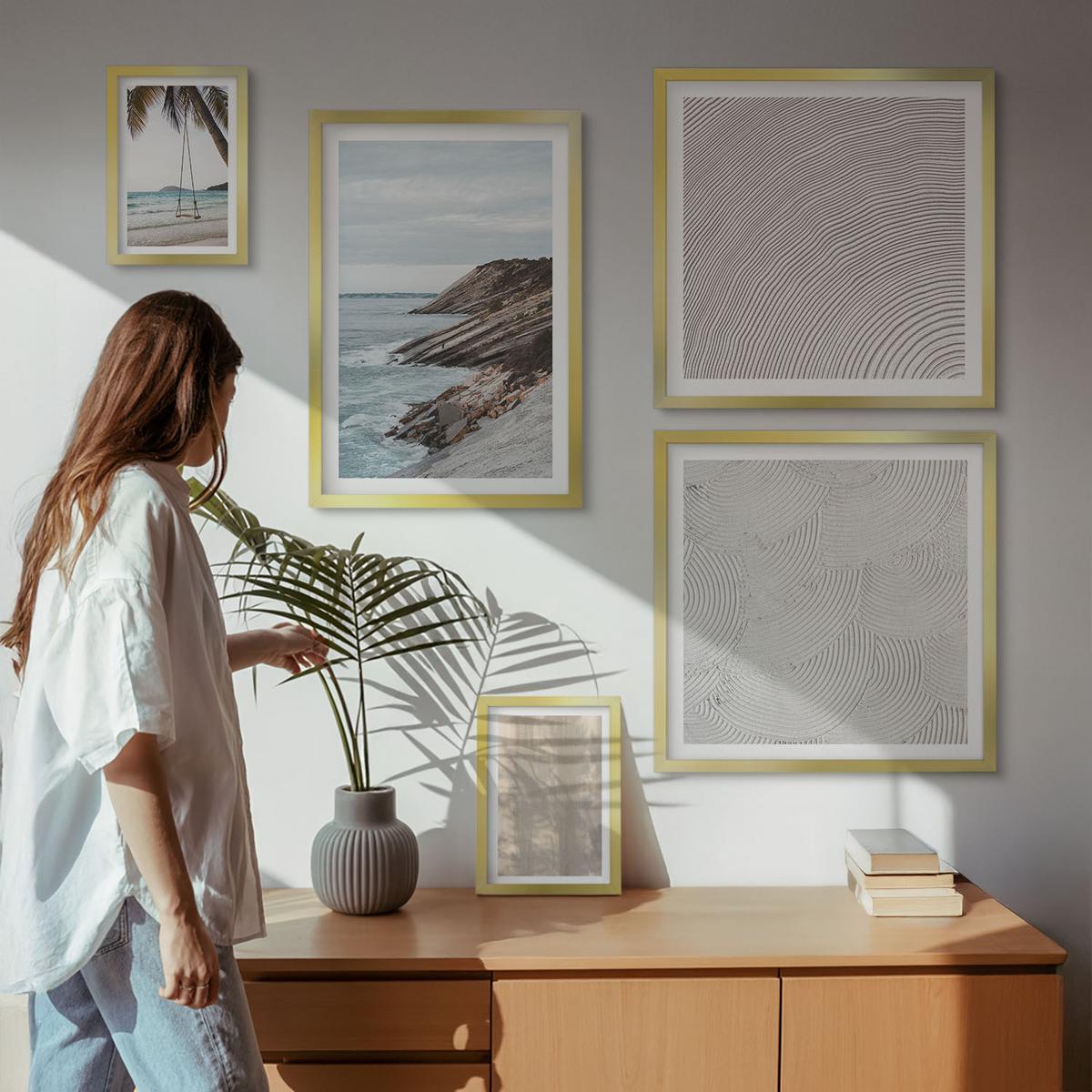 BILDER SET 5er Set - 50x50 cm & 20x30 cm & 40x60 cm Goldrahmen - Sommerlicher Sandstrand mit Meerblick - Goldfarben, Kunststoff (40/60cm) - TULUP