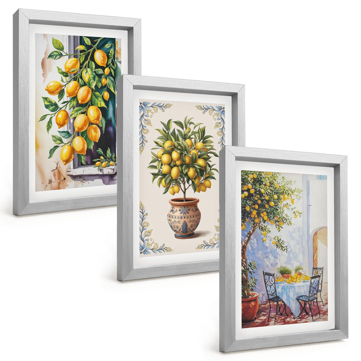 BILDER SET 3er Set - 20x30 cm Silberner Rahmen - Zitronenbäume Früchte Sonne - Silberfarben, Kunststoff (20/30cm) - TULUP