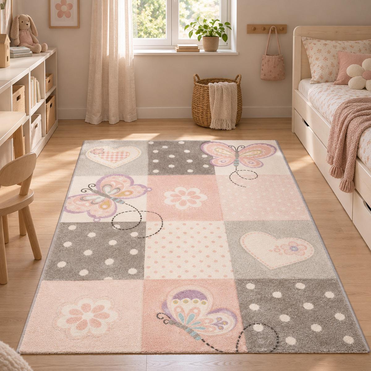 KINDER TEPPICH MAUI KIDS KARO HERZEN - Rosa, Textil (120/170cm) - Pergamon