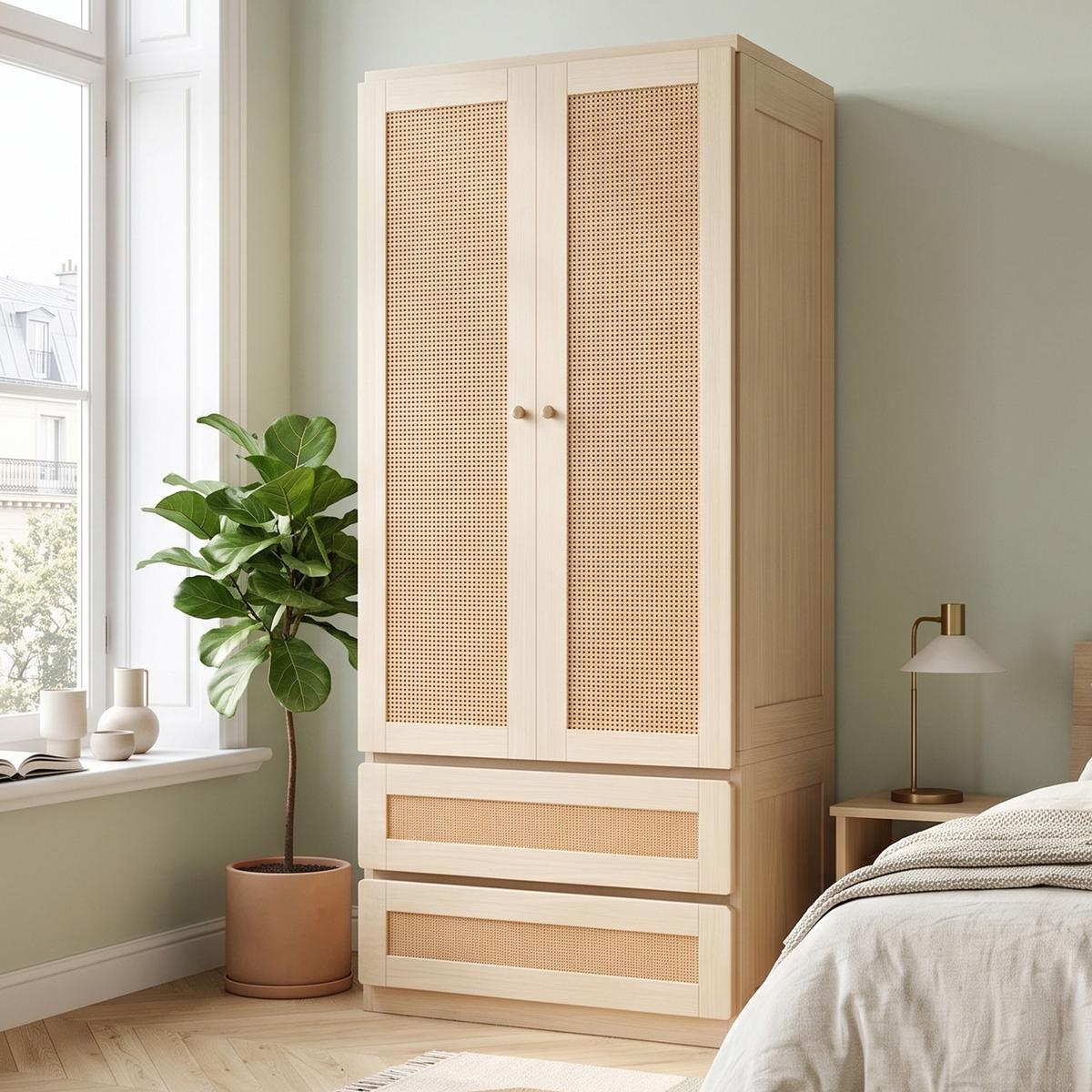 KLEIDERSCHRANK Holzfarbe Kunstrattan Doppeltüren mit 2 Schubladen - Naturfarben, Holzwerkstoff (70/170/55cm) - Urban Meuble