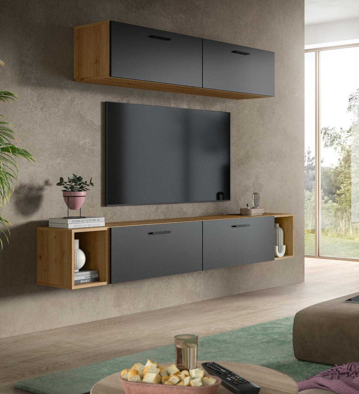 WOHNWAND grau, Eiche Artisan 202 cm, Schrankwand mit Soft-Close - Schwarz/Eiche Artisan, Holzwerkstoff/Kunststoff (202/184/34cm) - Inn.Furn