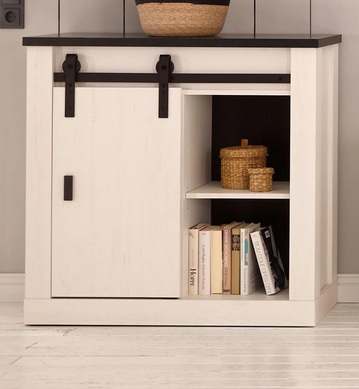 KOMMODE weiß Pinie, anthrazit, Landhaus, Schiebetürenkommode 93 x 91 cm - Anthrazit/Weiß, Holzwerkstoff/Metall (93/91/38cm) - Furn.Design