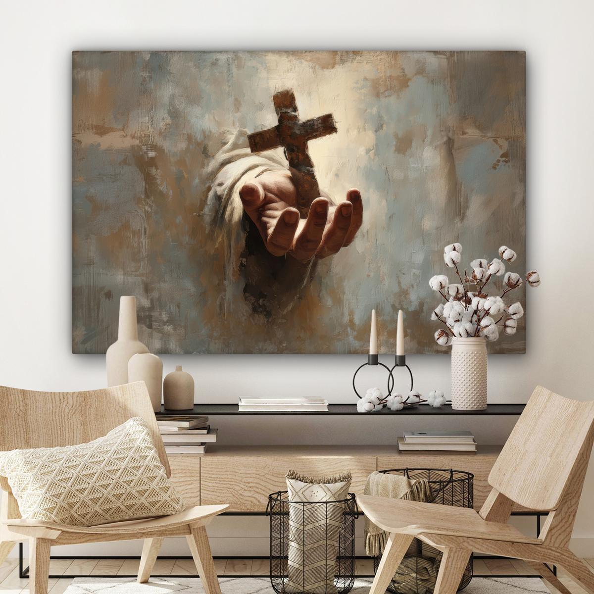 LEINWANDBILD Abstrakt - Kreuz - Hand - Christentum XXL 150x100 cm - Hellbraun, Textil (150/100cm) - MuchoWow